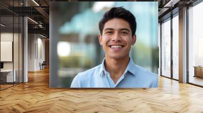 Young Hispanic Professional Smiling Confidently, Business Portrait Outdoors, Corporate Office Background Wall mural