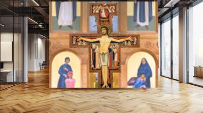 San Damiano Crucifix above altar in St Francis Cathedral of Santa Fe, New Mexico Wall mural