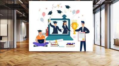 Online Virtual Graduation Video Web Conference Teleconference in Laptop. Wall mural