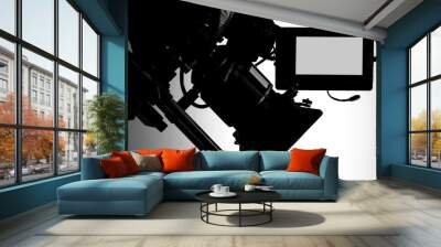 Silhouette images of video camera in tv commercial studio production which operating or shooting by cameraman and film crew team in set and prop on professional crane and tripod for pan tilt or shift Wall mural