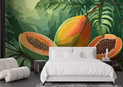 Illustration of a papaya fruit and leaf Wall mural