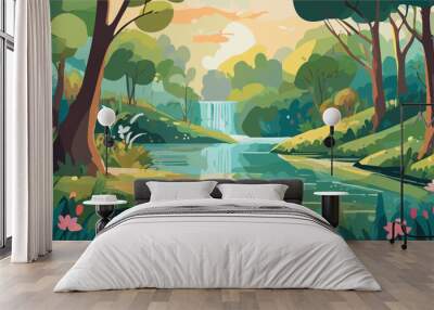 Landscape on summer with trees and river Wall mural