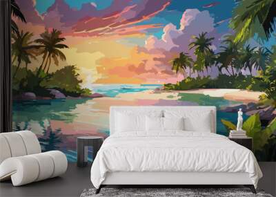 Tropical landscape with ocean and palm trees.  Ai generated Wall mural