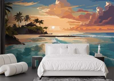 Tropical landscape with ocean and palm trees.  Ai generated Wall mural