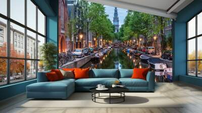 Amsterdam City, Illuminated Building and Canal at night, Netherlands Wall mural