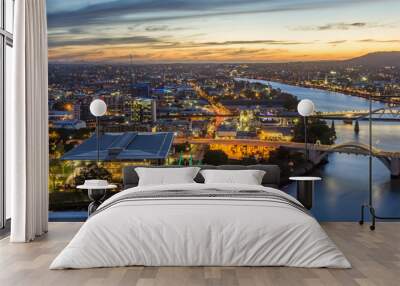 Brisbane City, Australia, Beautiful Panorama Aerial View of Kurilpa Bridge, William Jolly Bridge and Merivale Bridge over Brisbane River with GOMA and Brisbane Cityscape at Sunset Summer, Queensland Wall mural