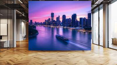 Brisbane Skyline at Dawn with Ferry and Purple Sky Wall mural