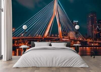 Erasmus Bridge Rotterdam Night View - Illuminated Modern Architecture. Wall mural