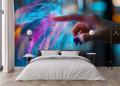 Hand Interacting with Digital Data on Touch Screen. Wall mural