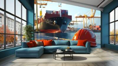 Safety Helmet on Dock with Cargo Ship in Background. Wall mural