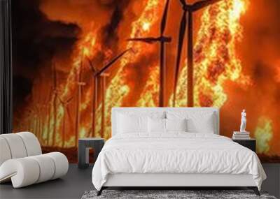 Wind Turbines Burning in Flames - Night Sky. Wall mural