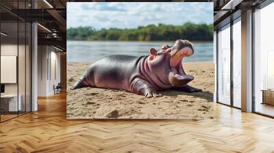 Yawning Baby Hippopotamus on Sandy Riverbank. Wall mural