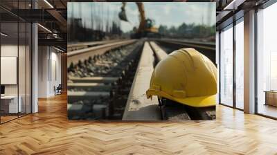 Yellow Hard Hat on Railway Tracks at Construction Site. Wall mural