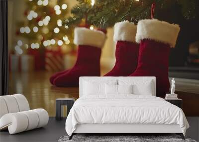 Cozy Red Stockings by a Christmas Tree Wall mural