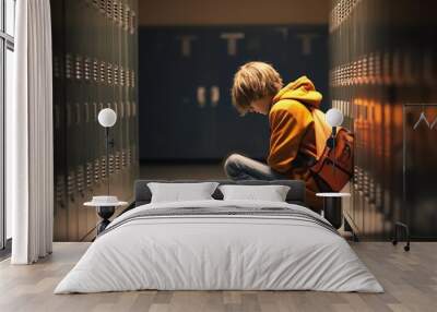 Upset boy, teenager, sitting at school after being bullied by classmates. School bullying. Wall mural