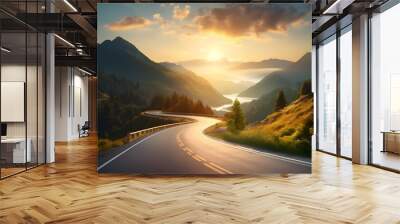 Winding road in the mountains at sunset, stretching into the distance Wall mural