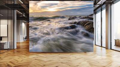 Seascape with the rock and sunset light Wall mural