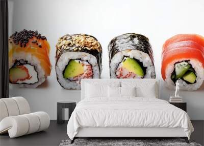 sushi and rolls on a white background Wall mural