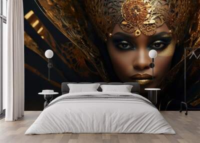 african queen with golden crown and jewelry, portrait of black woman in gold accessory Wall mural