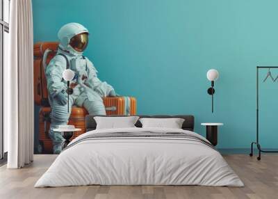 astronaut in spacesuit and with baggage suitcase, space exploration and discovery concept, travel and journeys Wall mural