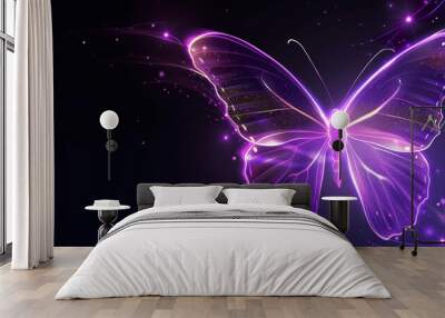 beautiful purple neon glowing butterfly illustration at black background, colorful magic light wallpaper Wall mural