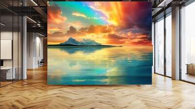 beautiful tropical beach with clean blue water and rainbow at sunset, idyllic vacation destination, exotic paradise coast Wall mural