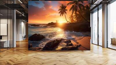 beautiful tropical beach with palm trees and clean blue water at sunset, idyllic vacation destination, exotic paradise coast Wall mural