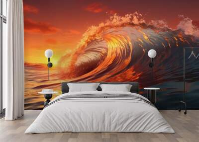 big wave of water during storm in open sea or ocean at sunset, nature background, generative AI Wall mural