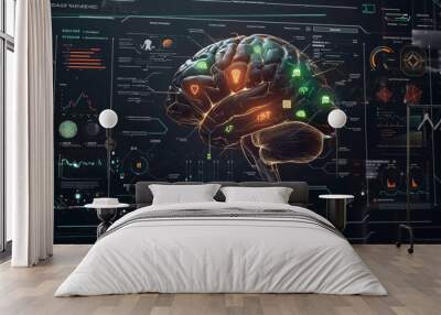 brain scanning hologram on digital screen interface, neural network and neurology science concept, human body research Wall mural