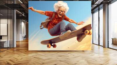 cartoon illustration of cool old active senior woman skater with skateboard have fun, generative AI Wall mural