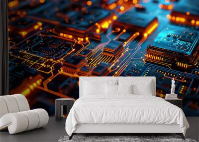 circuit electronic board with microchip, hardware and technology background concept, computer motherboard macro Wall mural