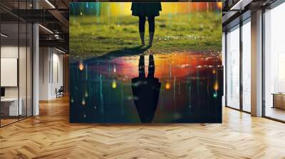 closeup shot of person standing in puddle after rain, reflection of night with stars and sky light, romantic abstract concept Wall mural