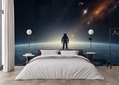 colorful illustration of astronaut in space suit and helmet exploring alien planet with mountains and stars and moons on night sky, astronomy concept  Wall mural