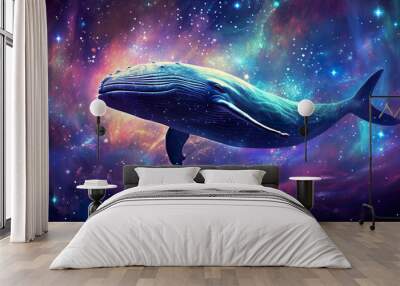 colorful stylish illustration of fantastic whale swimming in outer space with stars and nebulas, fantasy mammal in colourful cosmos Wall mural