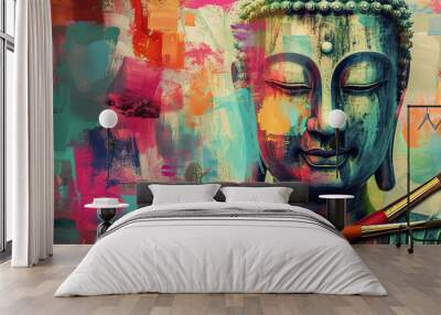 colorful vivid golden buddha face, buddhism religion concept, closeup multicolored portrait of buddh Wall mural