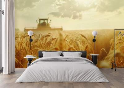 combine harvester and golden wheat field harvesting crops, agriculture concept Wall mural