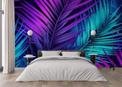 creative fluorescent color layout with tropical leaves, flat lay neon glow. concept, generative AI Wall mural