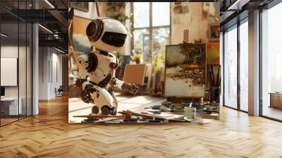 cute vintage robot painting picture in artistic studio, funny robotic cyborg artist drawing artwork on canvas, artificial intelligence concept Wall mural