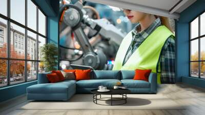 emale engineer stands in high-tech factory, woman checking tablet to oversee operations, person inspecting modern industrial automation and quality control processes maintenance Wall mural