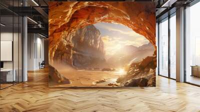 fantasy mountain at sunset, artistic illustration of curved cliff with entrance hole and dramatic sky, scenic canyon at desert Wall mural