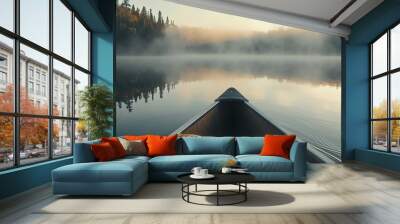 first person view of kayak boat at mountain lake with fog, pov canoe at misty river Wall mural