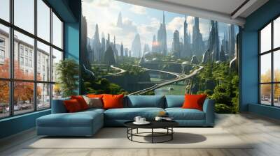 futuristic eco green city skyline with skyscrapers and gardens, future architecture Wall mural