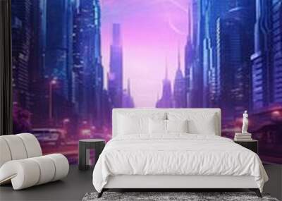 futuristic glowing neon city, cyberpunk purple and blue colours, future speedway or highway concept, tech design, generative ai Wall mural