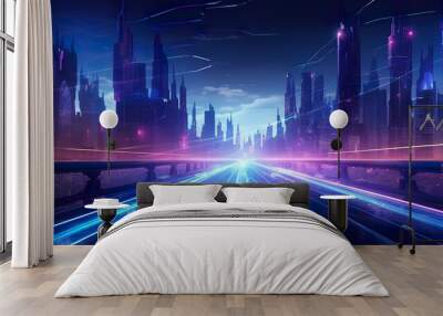 futuristic glowing neon city, cyberpunk purple and blue colours, future speedway or highway concept, tech design, generative ai Wall mural