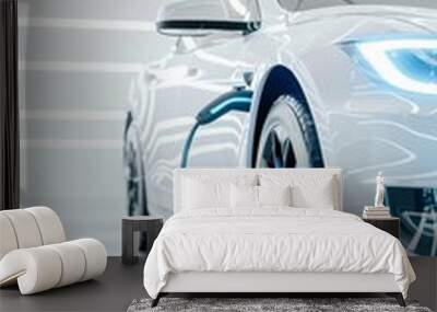 futuristic luxury car charging at power supply station, shiny luxury EV electric vehicle charge by cable, in style of high key, studio shot isolated on white Wall mural