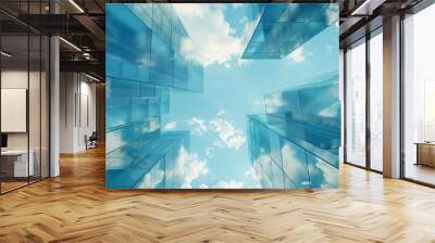 geometry lines and mirrored glass reflections creative abstract background, blue sky and futuristic contemporary fractal structure Wall mural