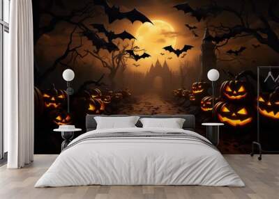 halloween pumpkins in dark spooky forest and valley, halloween concept, generative ai Wall mural