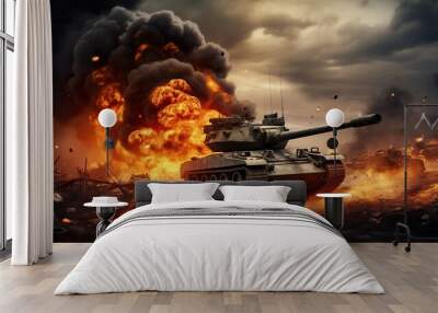 heavy modern armored tank fire at battlefield, war and battle concept Wall mural