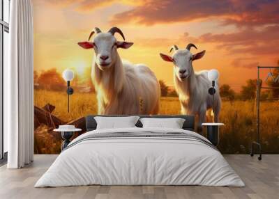 herd of cute goat in farm field at sunset, farmland animals Wall mural