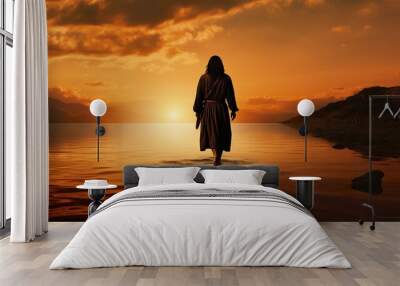 Jesus Christ walking by water at sea, faith and christianity concept Wall mural